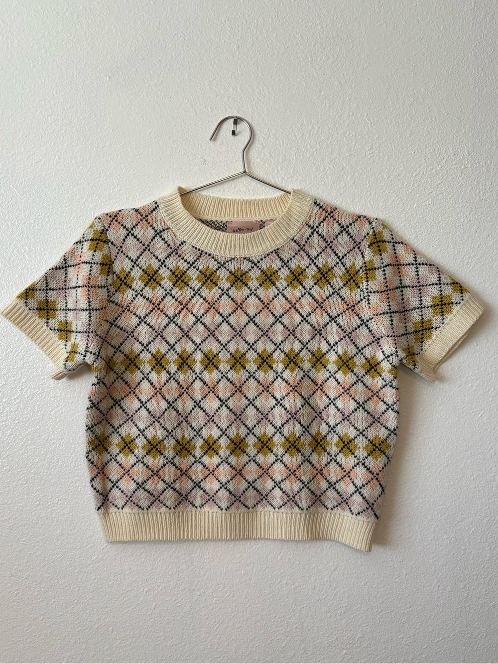 Willow Root Argyle Sweater Tee L Cream Pink Light Academia Preppy